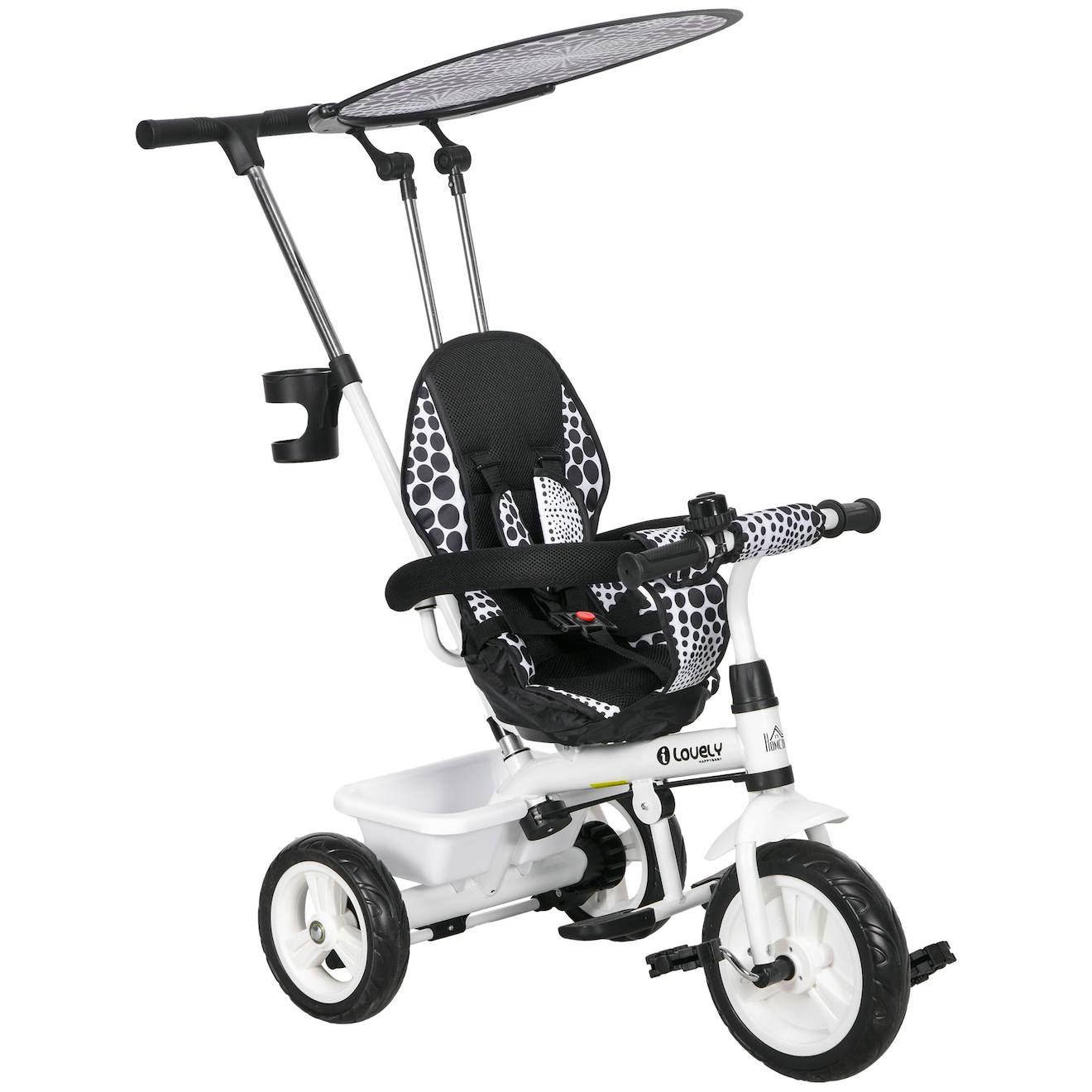 Tricycle Enfant Pare-soleil Pliable Canne Amovible Benne Rangement Acier Blanc
