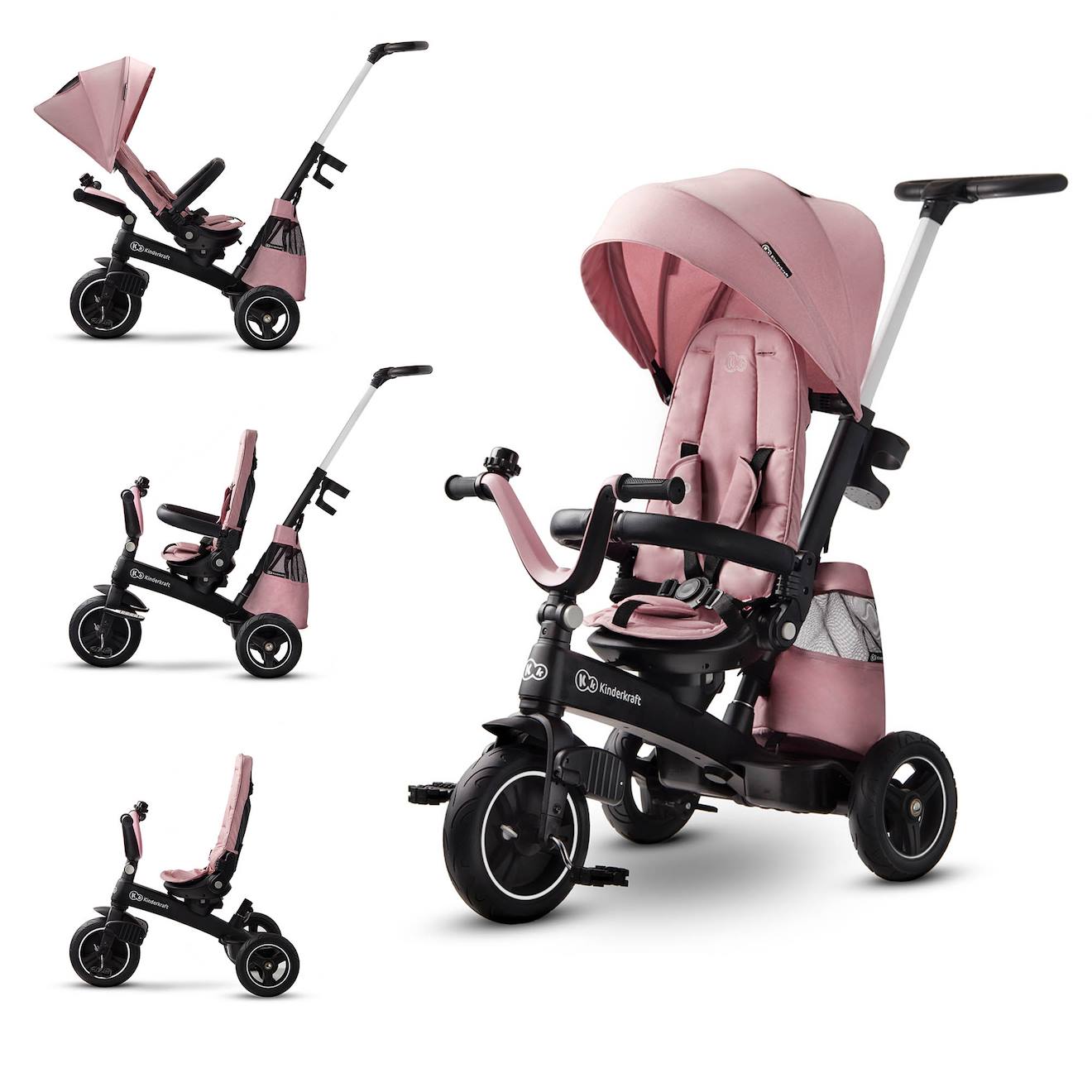Tricycle Évolutif Kinderkraft Easytwist 5 En 1 Avec Siège Rotatif 360°, Roues Pu Increvables Et Capote Upf50+ Rose