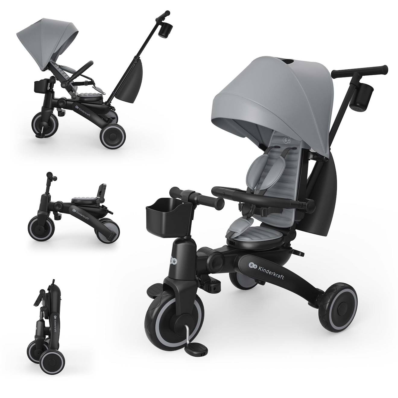 Tricycle Évolutif Kinderkraft Jazz 3 Pliable Avec Siège Pivotant, Position Semi-allongée, Mode Draisienne Et Capote Upf 50+ Gris
