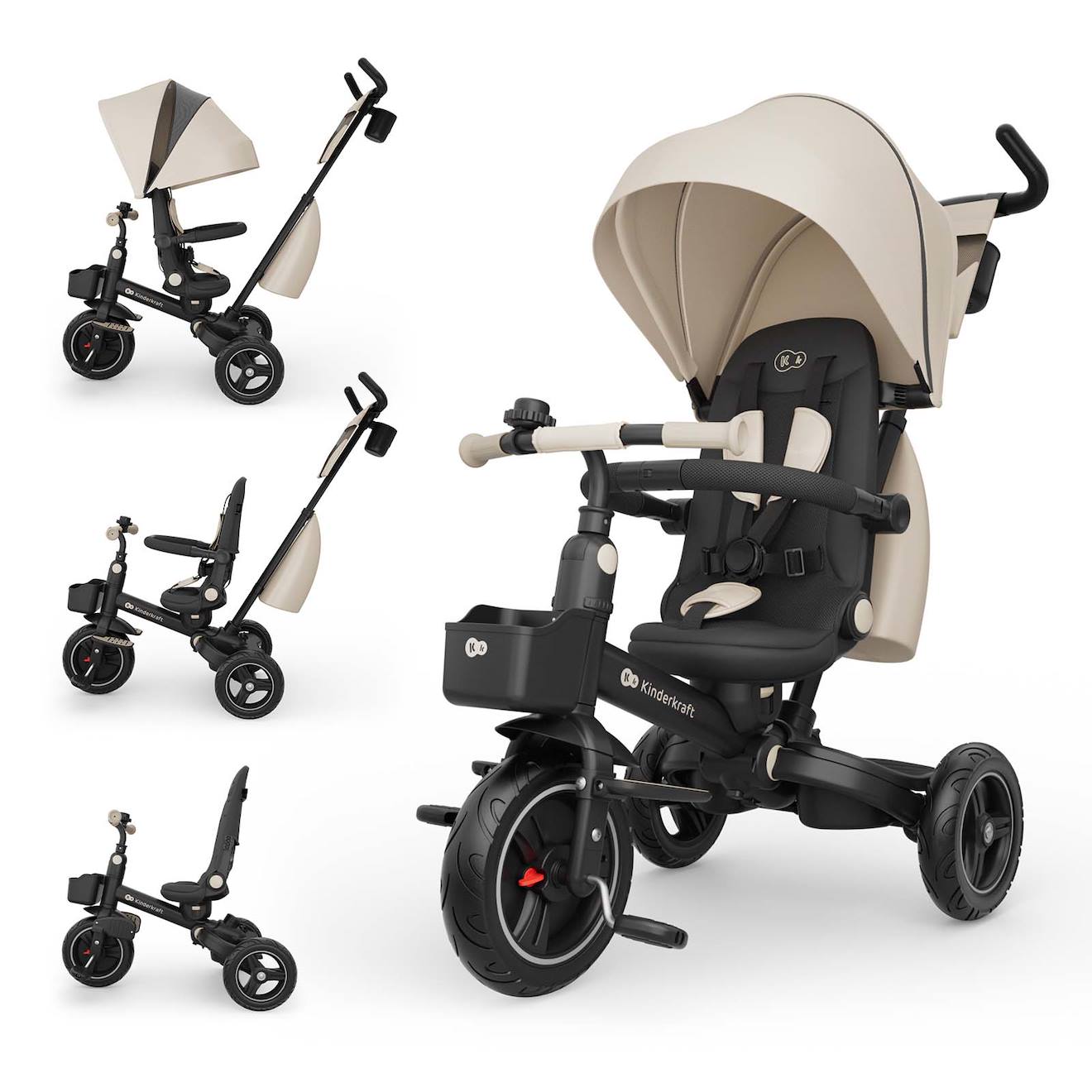 Tricycle Évolutif Kinderkraft Spinstep 2 Plus Avec Siège Pivotant 360°, Dossier Réglable, Capote Upf50+ Et Roue Libre Beige