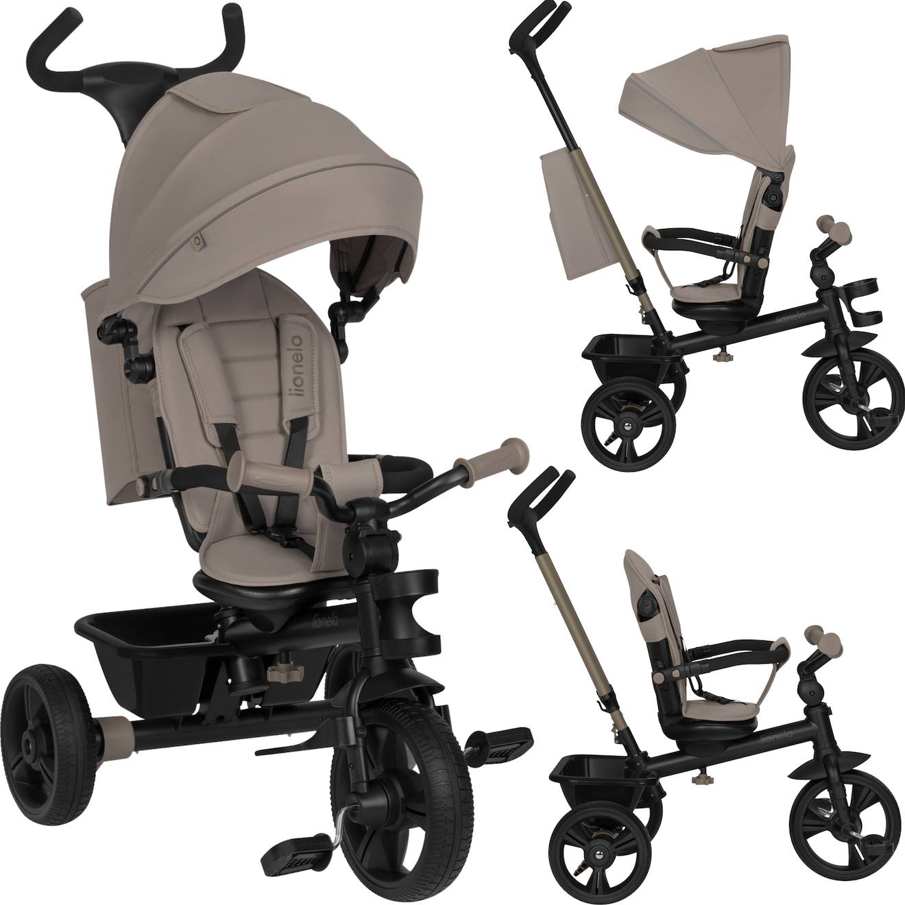 Tricycle Poussette Haari Jusqu’à 25 Kg Avec Siège Réversible, Panier Et Sac Beige Taupe