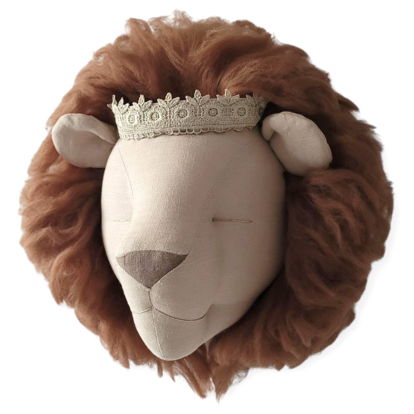 Trophée Mural Lion En Lin – Décoration Chambre Bébé Enfant Marron