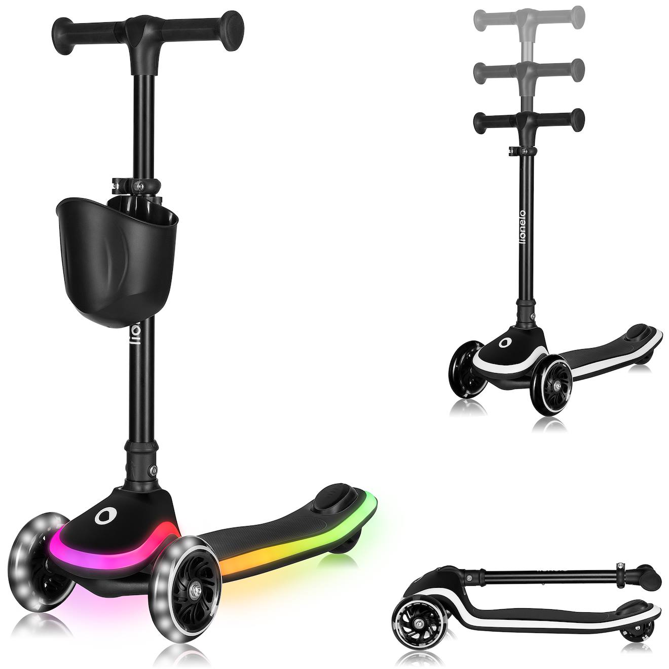 Trottinette 3 Roues Mey Pliable Avec Roues Lumineuses, Hauteur Réglable Et Panier Black Onyx