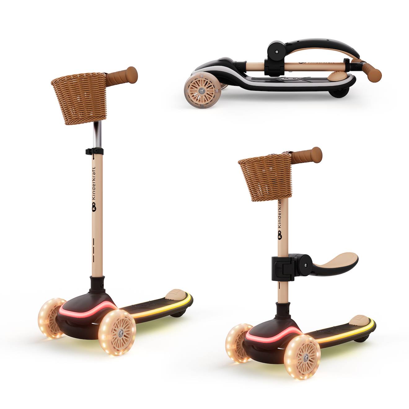 Trottinette Kinderkraft Raket Up 2 En 1 Avec Siège Réglable, Roues Rgb Et Led, Guidon Ajustable Et Pliage Compact Beige