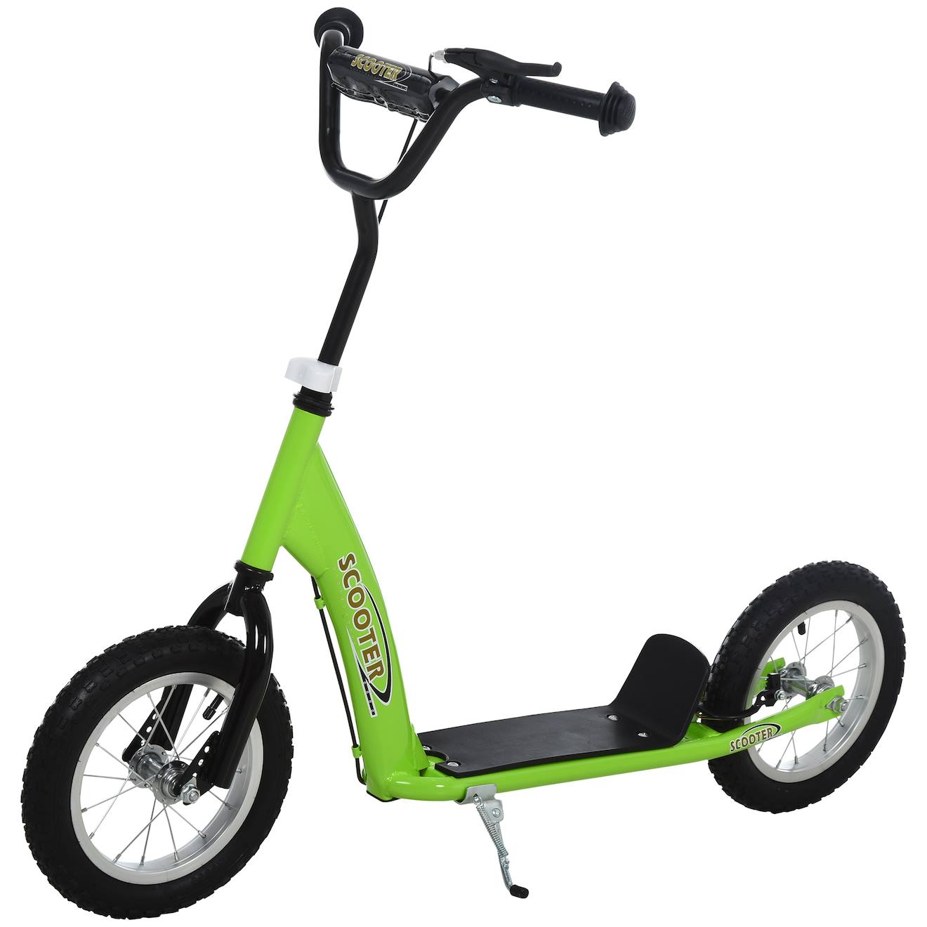 Trottinette Patinette Enfant - Grandes Roues - Guidon Réglable - Poignée Frein Et Béquille - Acier Vert