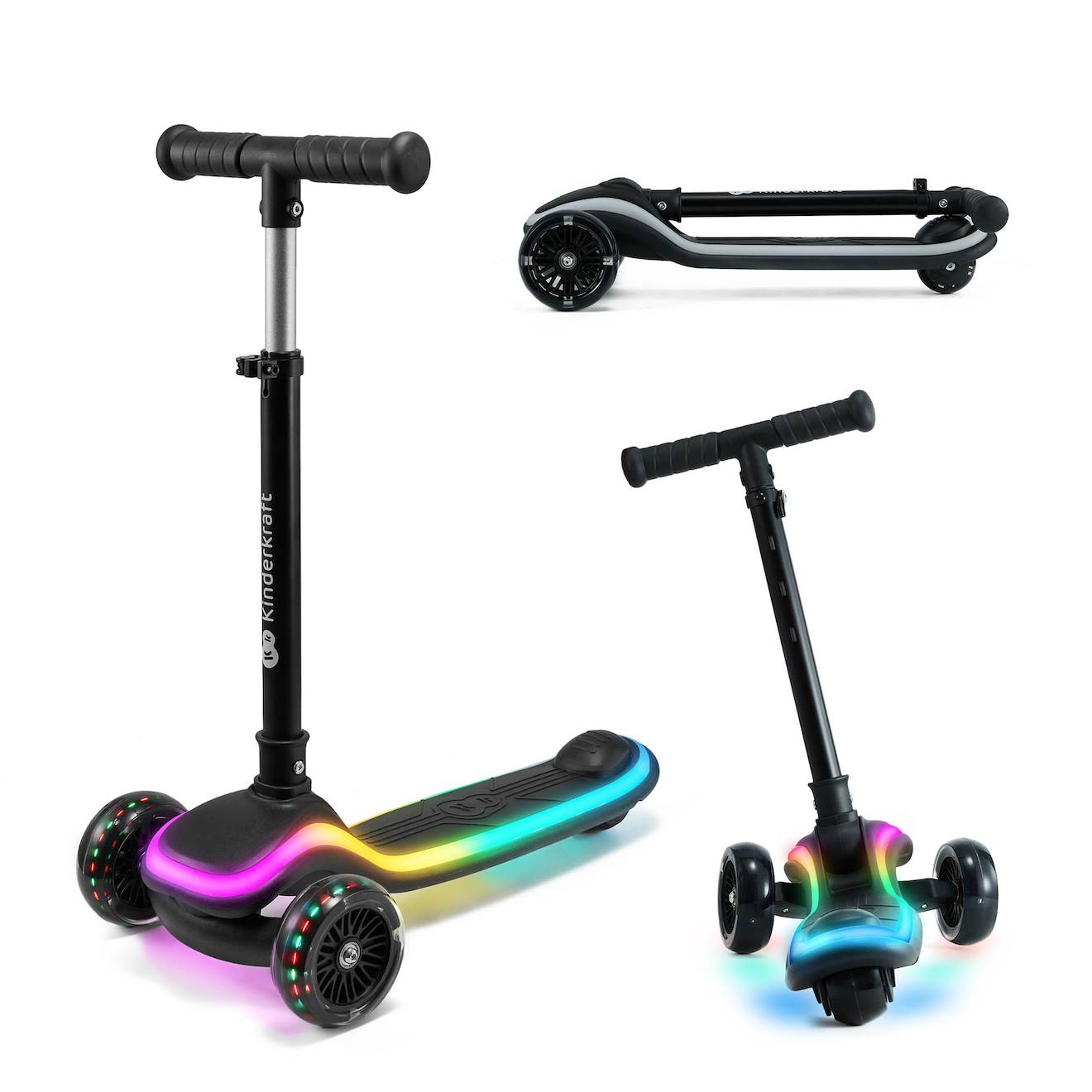Trottinette Raket Tricycle Pliable Avec Roues Led Rgb, Guidon Réglable Et Frein À Pied Noir