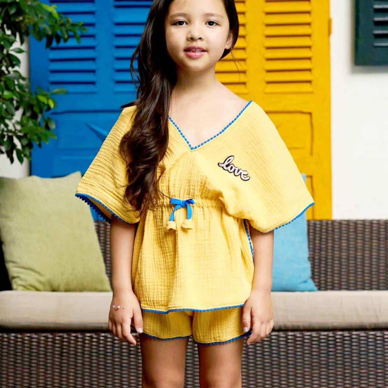 Tunique Plage Avec Short Assorti Love Jaune Bleu Roi