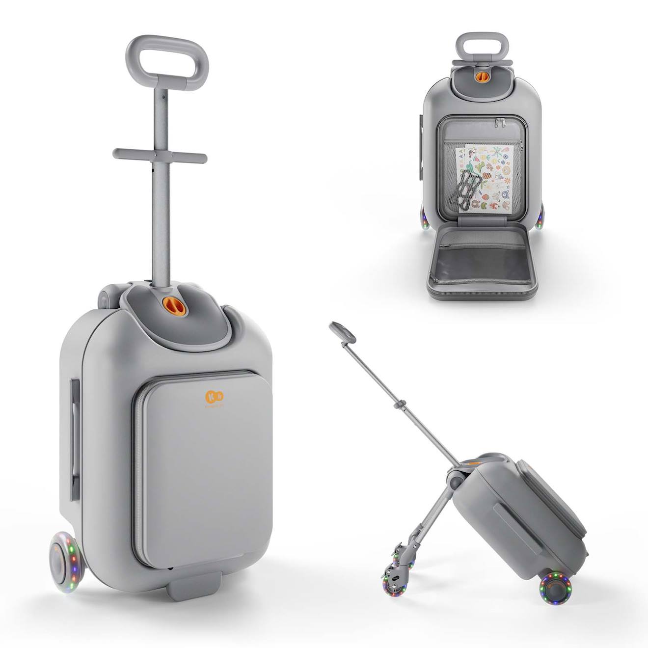 Valise Cabine Enfant Kinderkraft Cabby 2 En 1 Porteur Avec Siège Roues Lumineuses Pliable Compacte 20l Grey