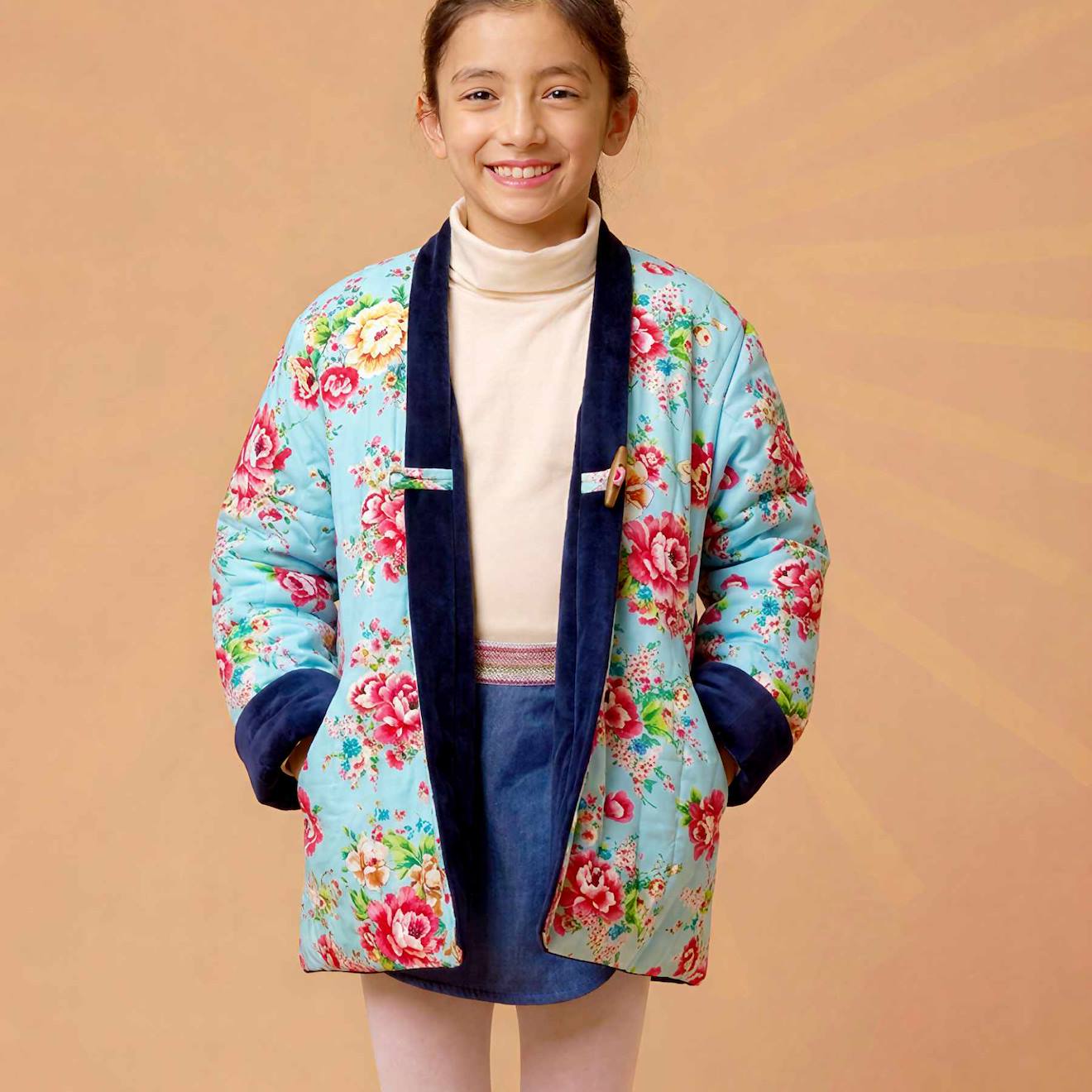 Veste Bleu Turquoise Fille Réversible D'inspiration Asiatique Kim Bleu Turquoise