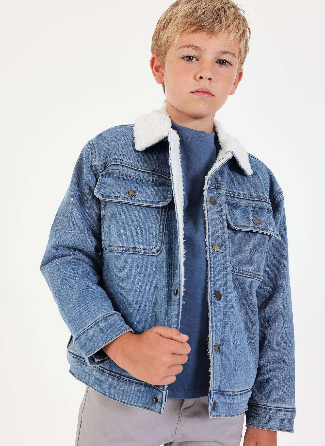 Veste Garçon Denim Maille Avec Col Molleton Bleu